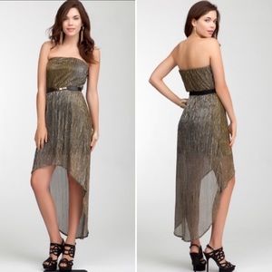 Bebe Gold Metallic Strapless Dress High-Low $149